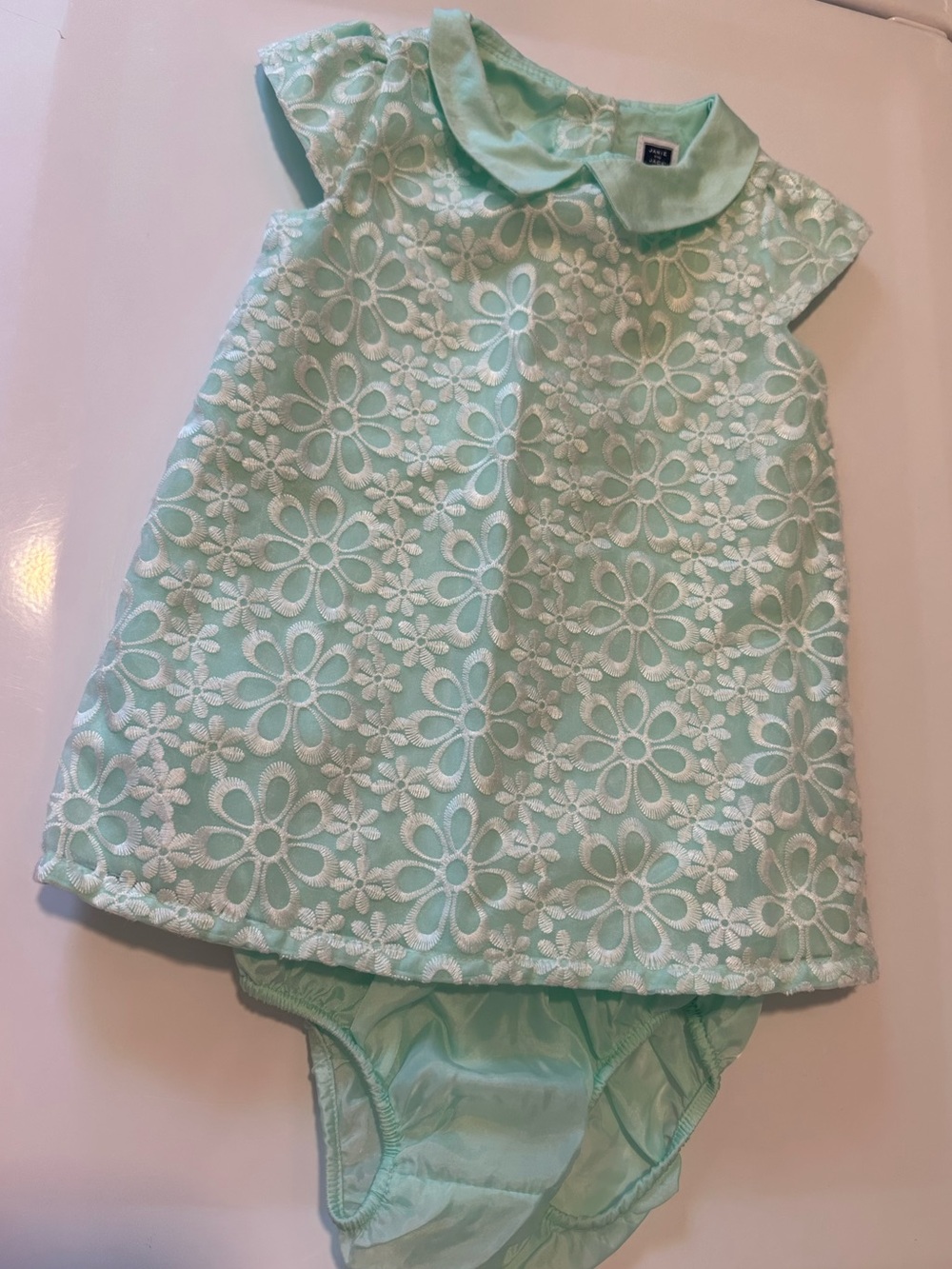 Janie and Jack Baby Girl Mint Floral Eyelet Dress & Bloomers 6-12M